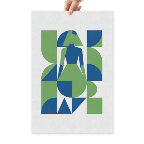Geometric Abstract Interlocking Shapes Art - Modern Blue and Green Decor for Entryway