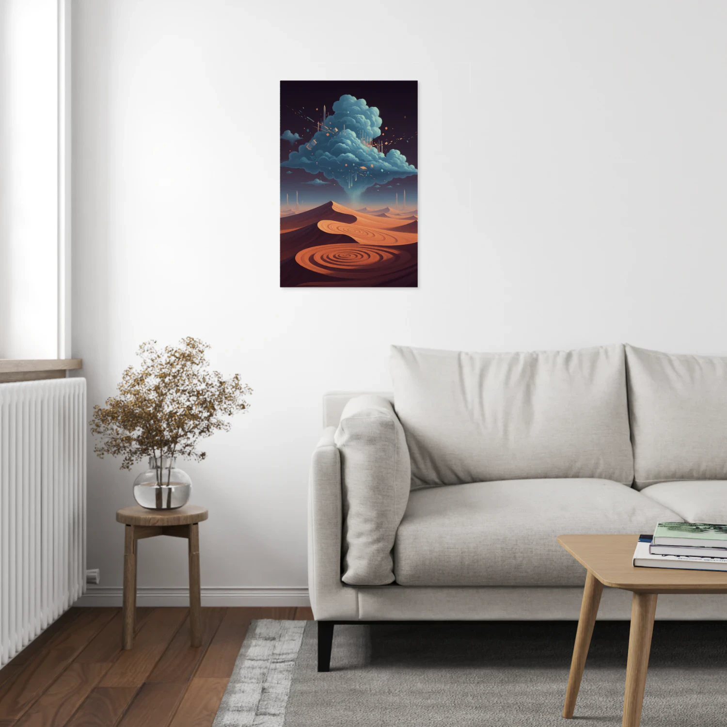 Surreal Desert Mirage with Cosmic Energy - Fantasy Landscape Art for Creative Office