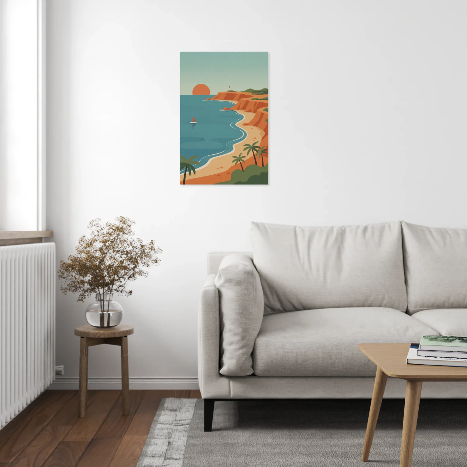 Tropical Beach Sunset Travel Illustration - Serene Coastal Wall Art for Vacation Home