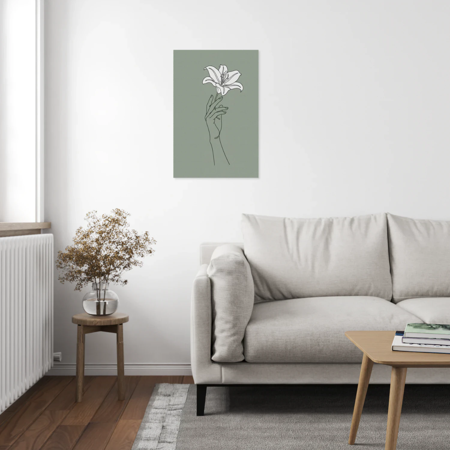 Minimalist One Line Drawing Hand Holding Lily - Elegant Botanical Wall Art for Living Room