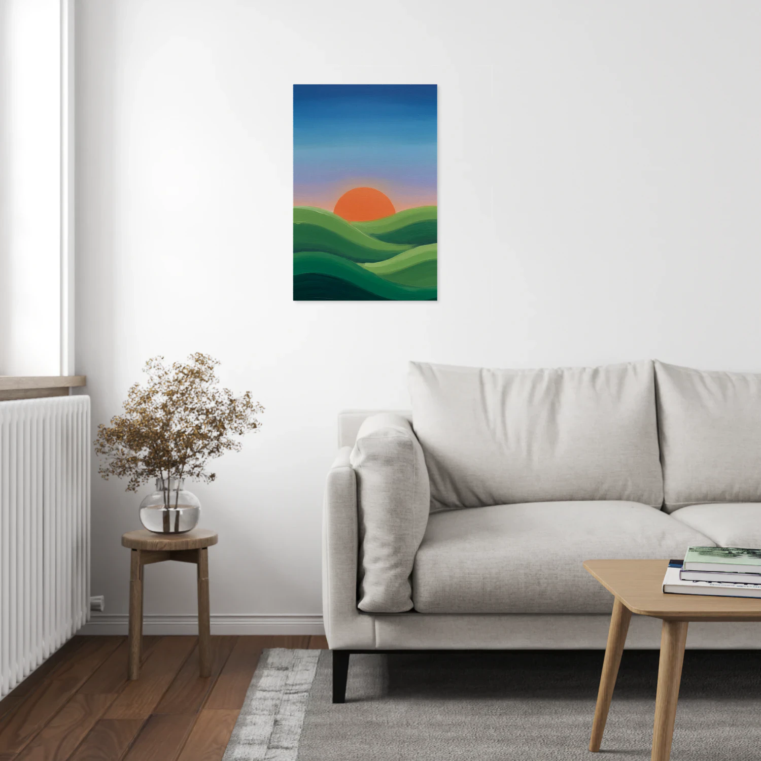 Bright Stylized Hills with Golden Sun Horizon - Joyful Nature Illustration for Nursery
