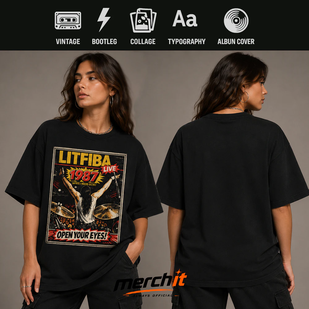 Maglietta Litfiba 1987 "Open Your Eyes!" Vintage Live Tour Graphic – Rock Retrò Premium T-Shirt