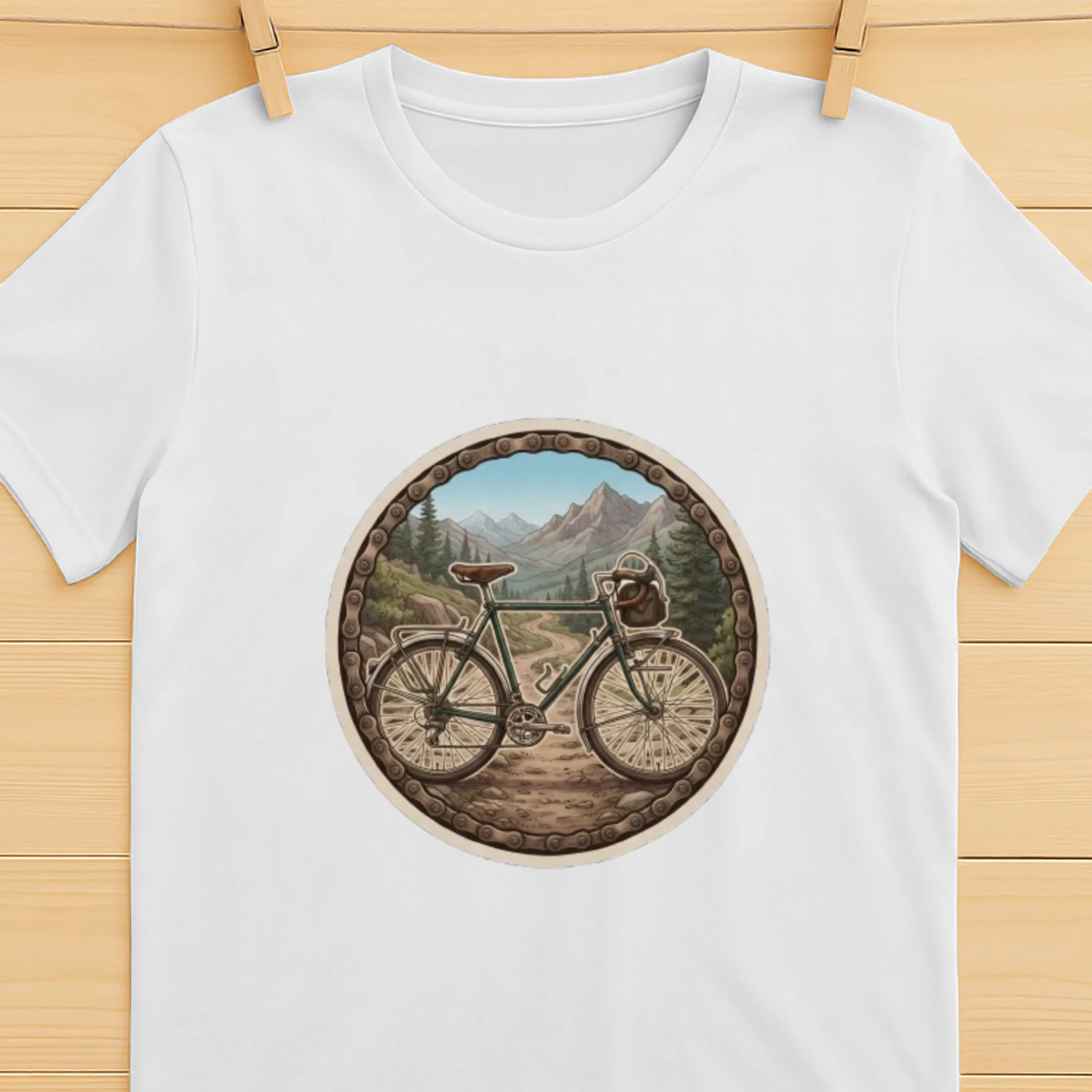 Fietssticker Bergavontuur, Vintage Toerfiets met Kettingrand Design