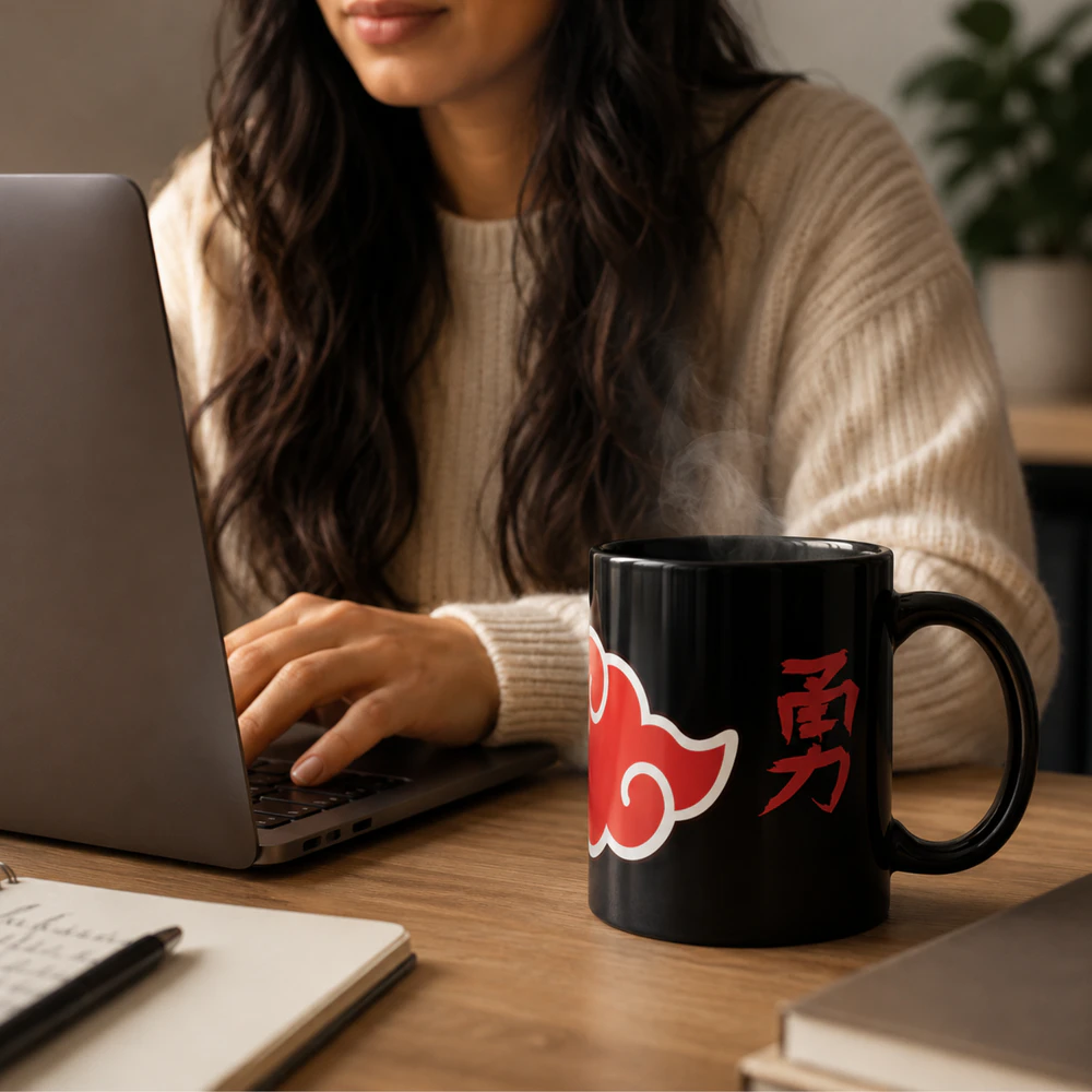 Akatsuki Black Ceramic Mug - Naruto Anime Coffee Cup with Courage Kanji