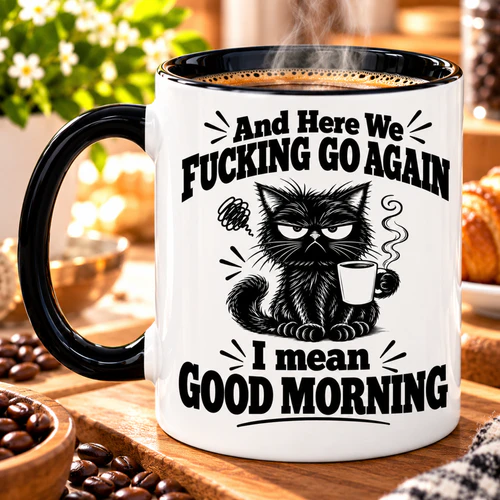 Funny Cat Coffee Mug, And Here We Fucking Go Again