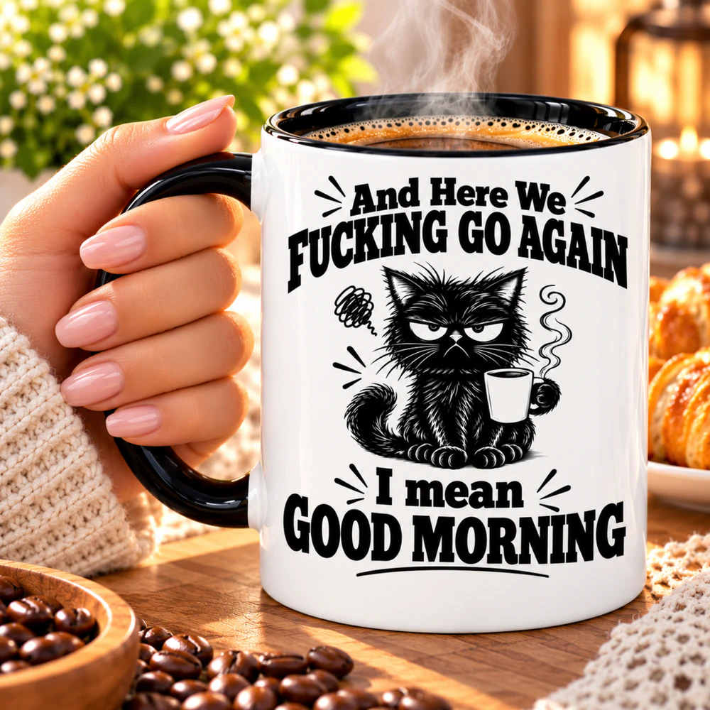 Funny Cat Coffee Mug, And Here We Fucking Go Again, Grumpy Cat Cup, Sarcastic Gift