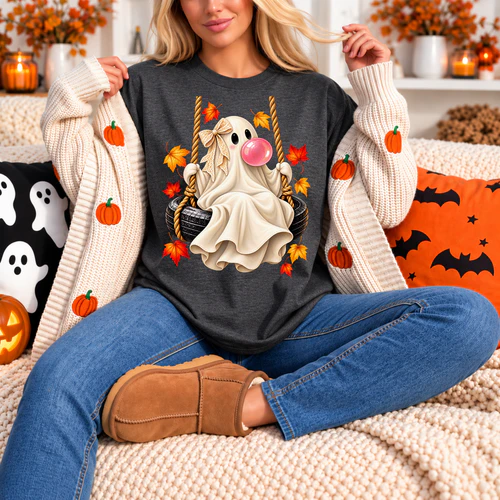 Cute Halloween Ghost Bubble Gum Autumn Leaves Swing Spooky