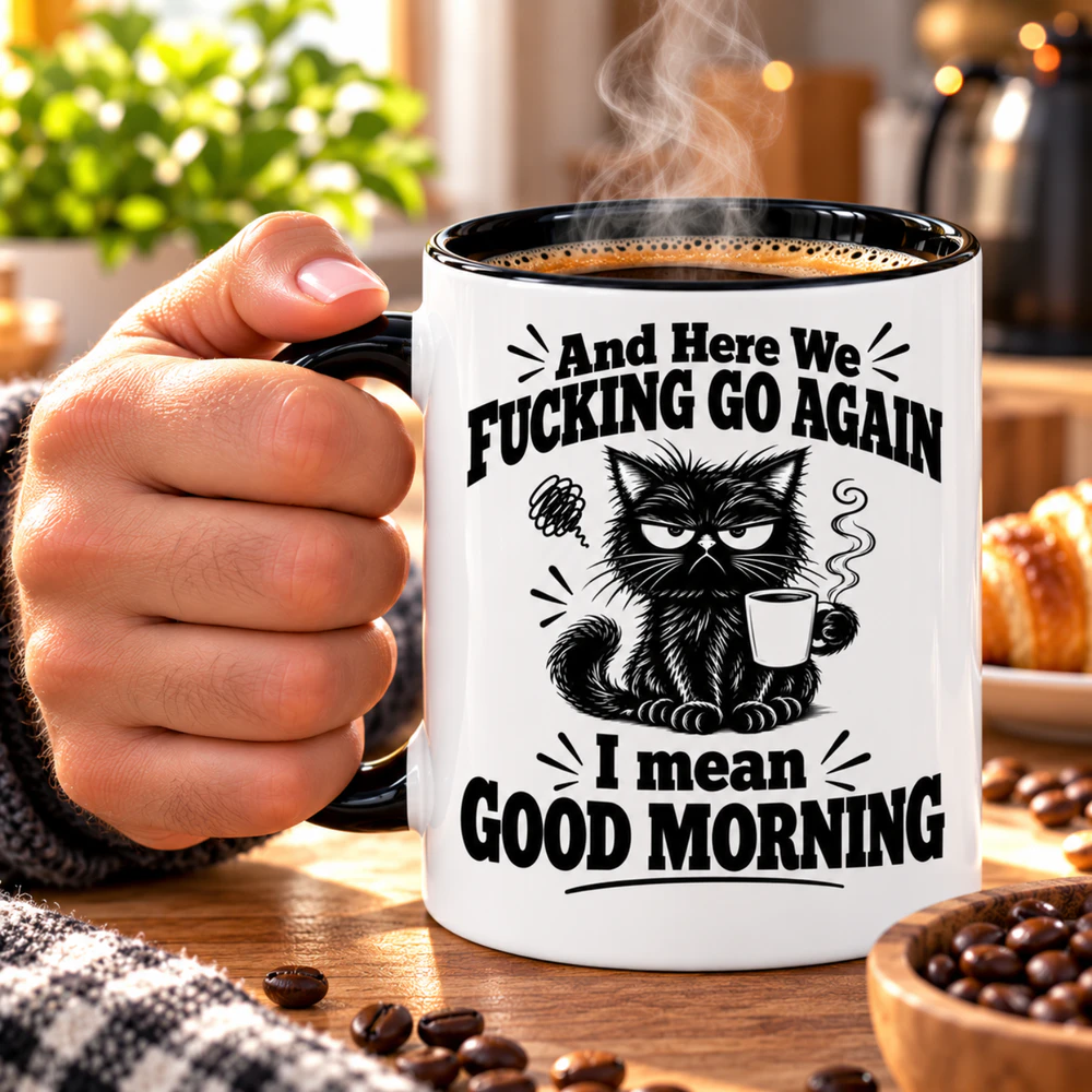 Funny Cat Coffee Mug, And Here We Fucking Go Again, Grumpy Cat Cup, Sarcastic Gift