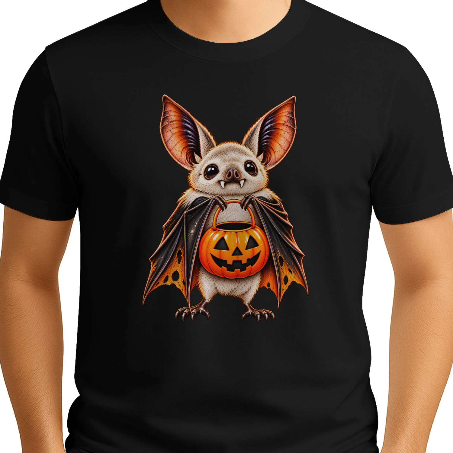 Retro Halloween Bat Shirt, Cute Spooky Bat with Pumpkin Trick or Treat Bucket