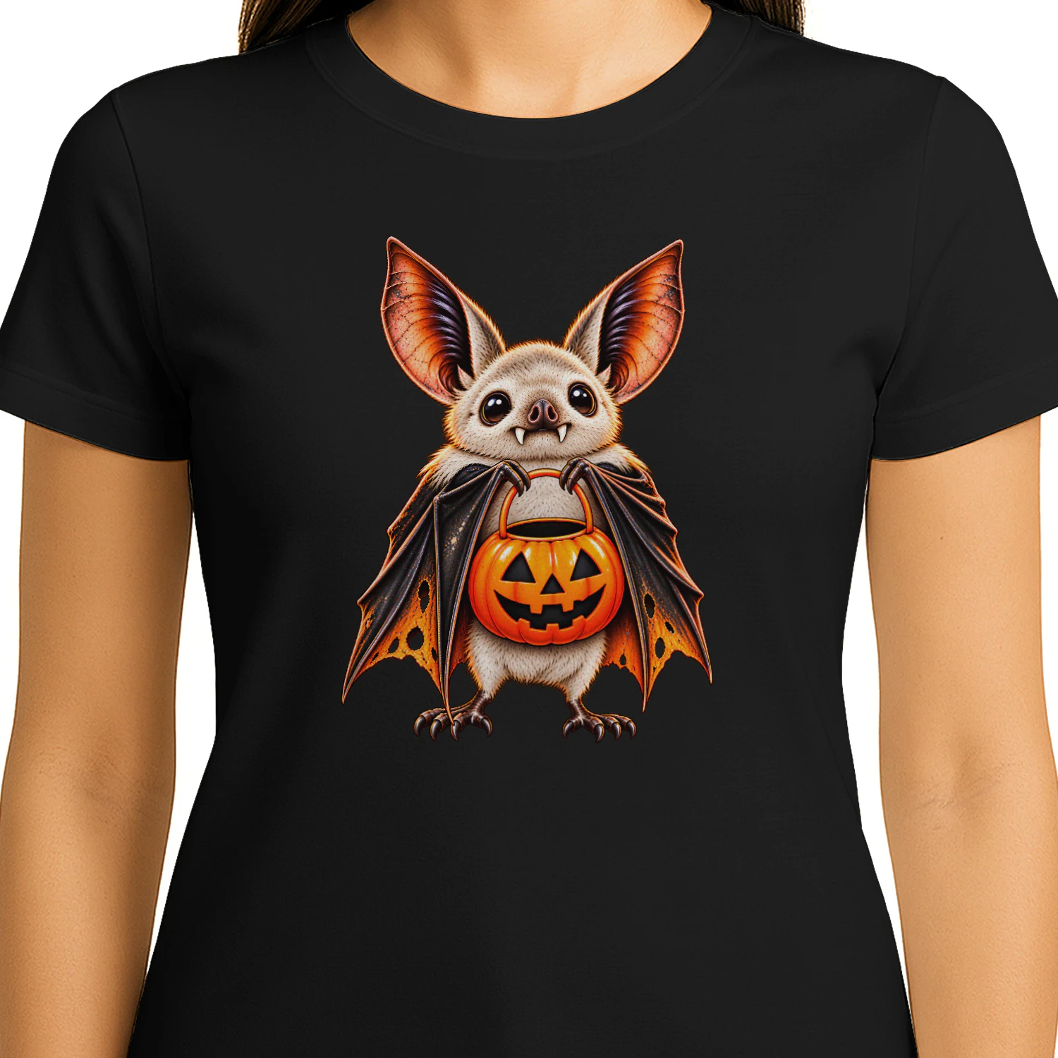 Retro Halloween Bat Shirt, Cute Spooky Bat with Pumpkin Trick or Treat Bucket