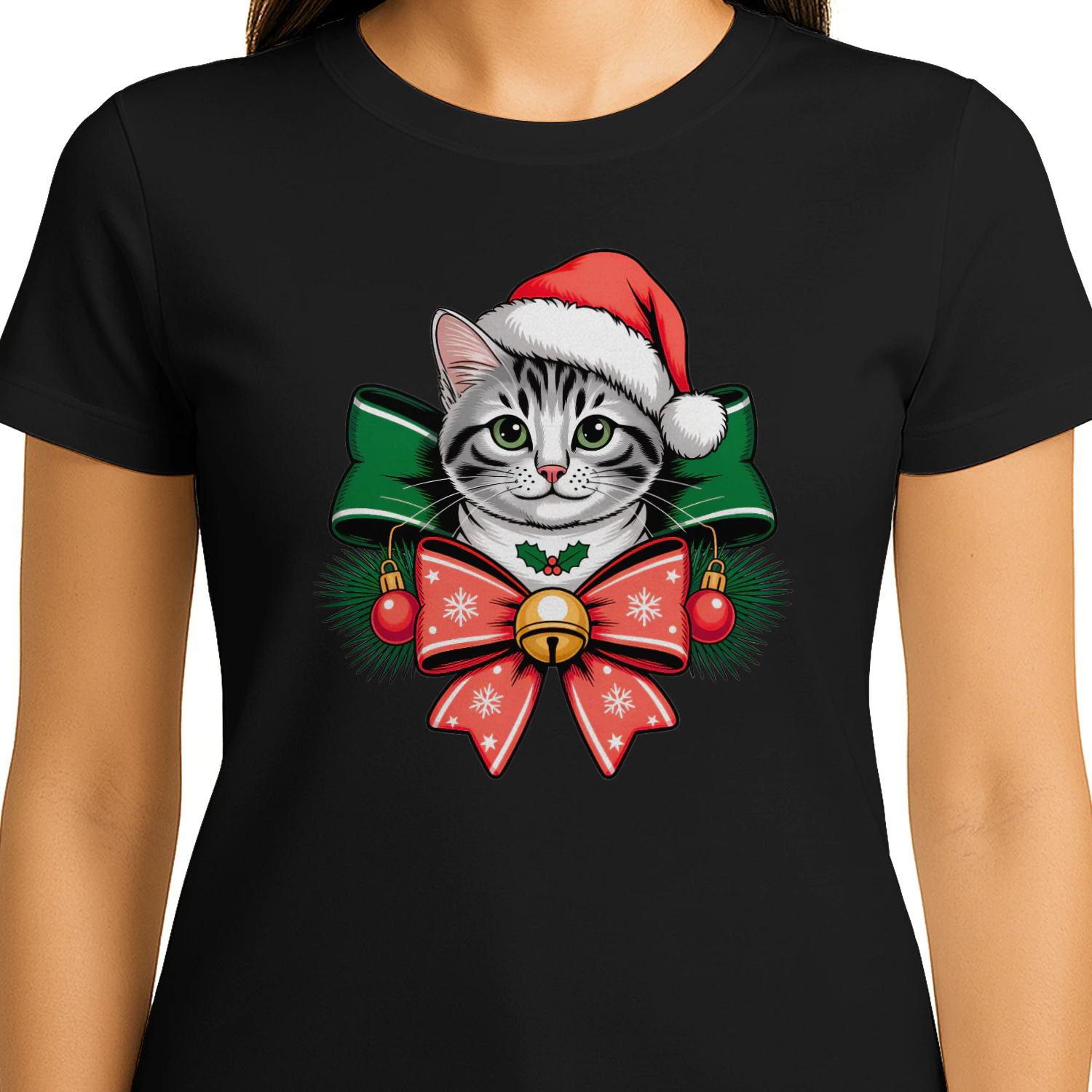 Cute Christmas Cat Santa Hat Bow Holiday Christmas Gift