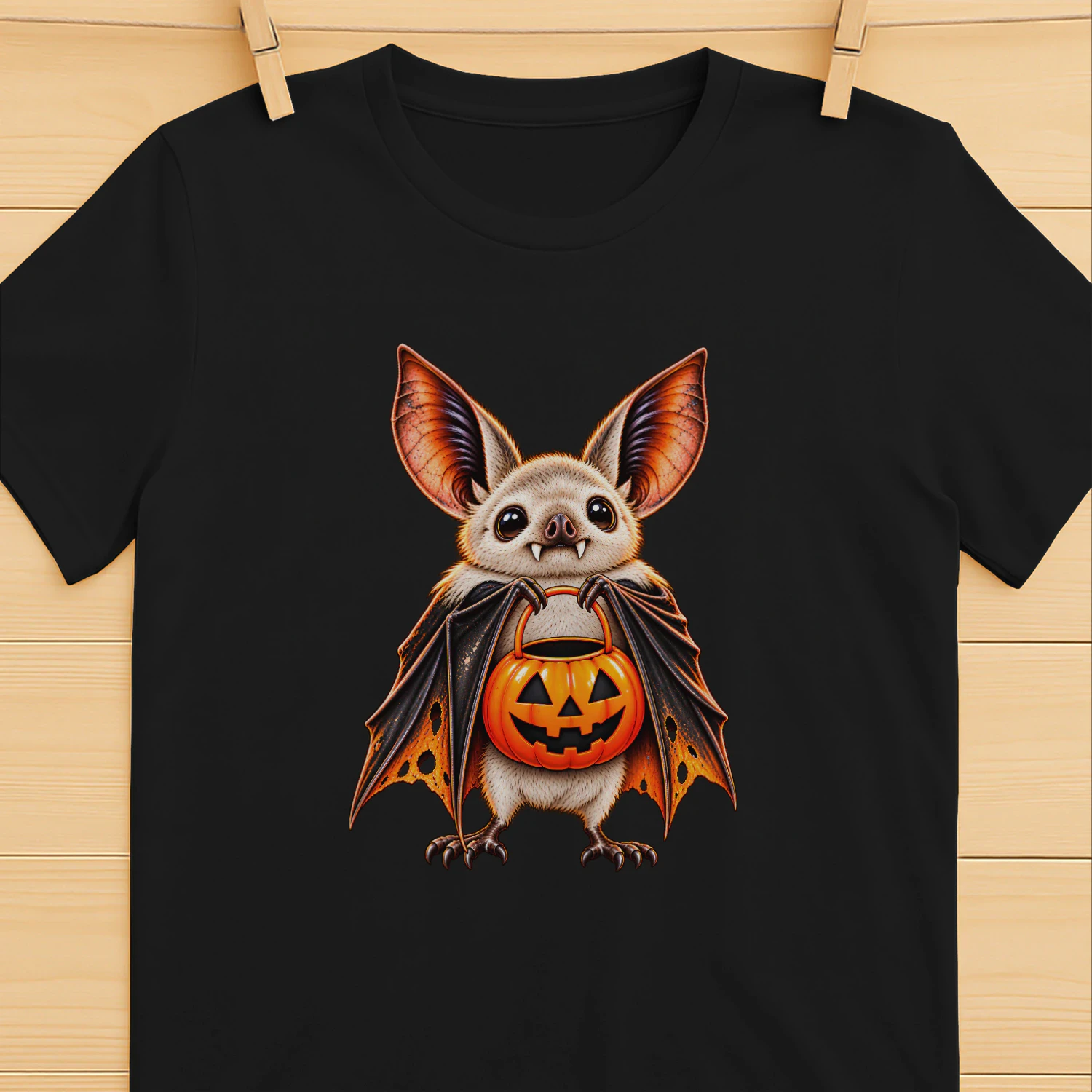 Retro Halloween Bat Shirt, Cute Spooky Bat with Pumpkin Trick or Treat Bucket