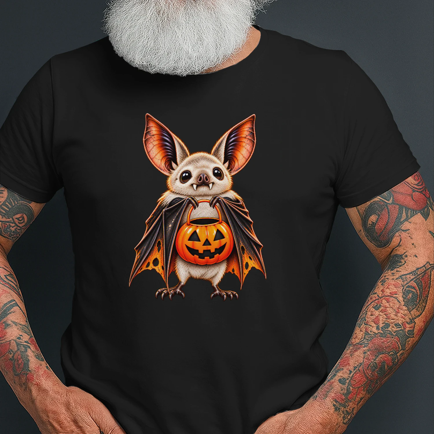 Retro Halloween Bat Shirt, Cute Spooky Bat with Pumpkin Trick or Treat Bucket