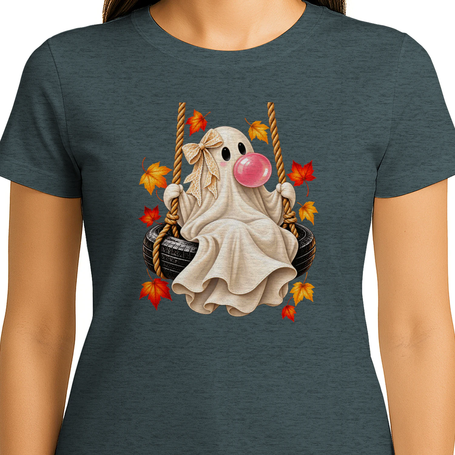 Cute Halloween Ghost Bubble Gum Autumn Leaves Swing Spooky