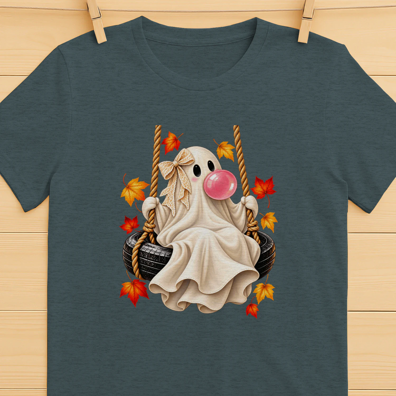 Cute Halloween Ghost Bubble Gum Autumn Leaves Swing Spooky