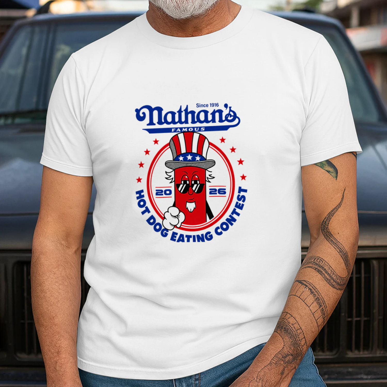 Joey Chestnut Wearing Since 1916 Nathan’s Famous Hot Dog Contest 2026 Shirt