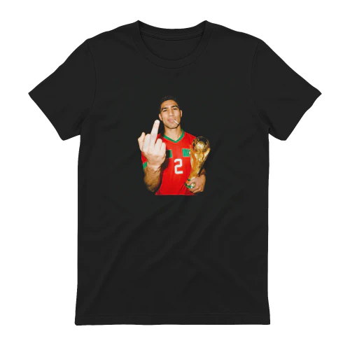 Achraf Hakimi Morocco World Cup middle finger and trophy shirt