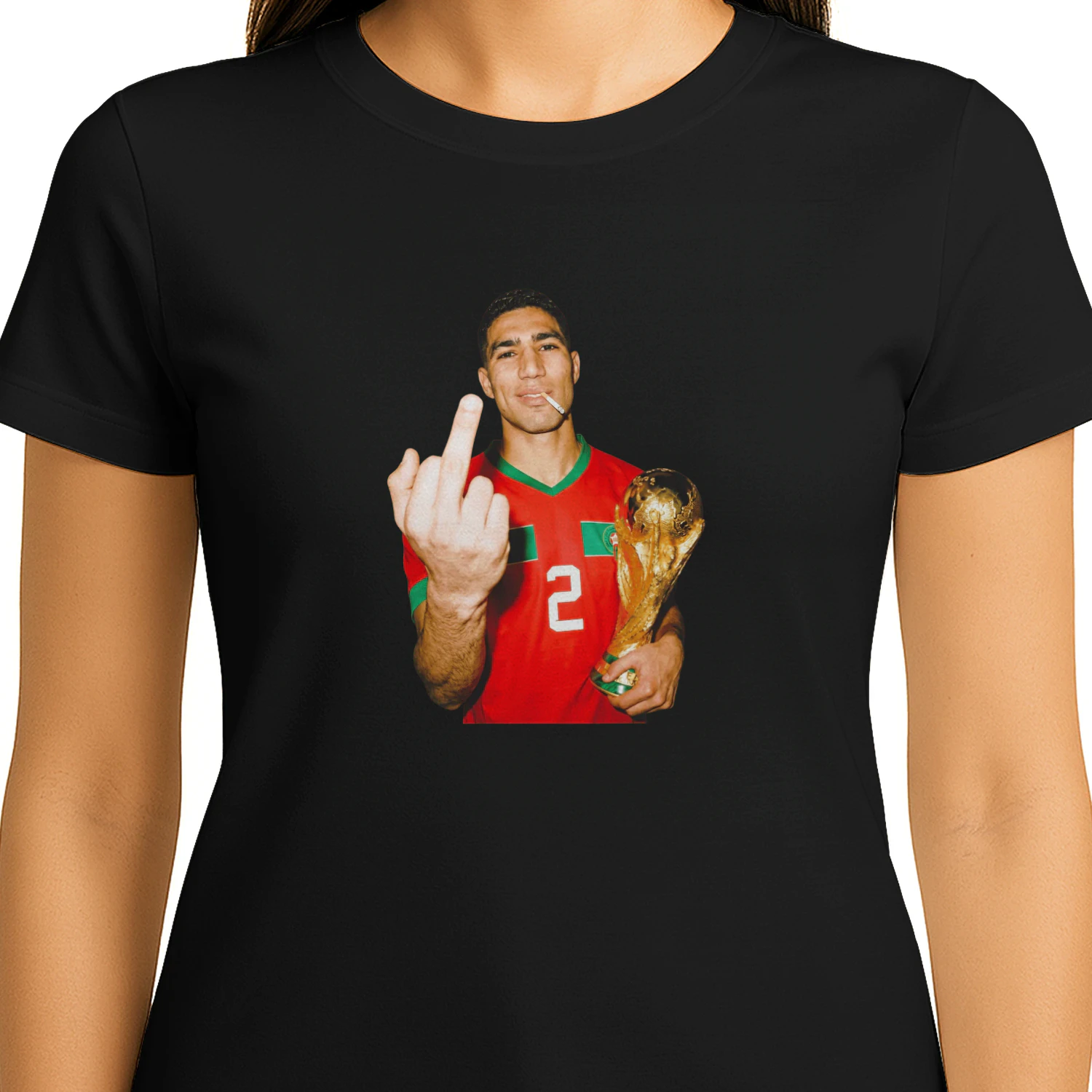 Achraf Hakimi Morocco World Cup middle finger and trophy shirt