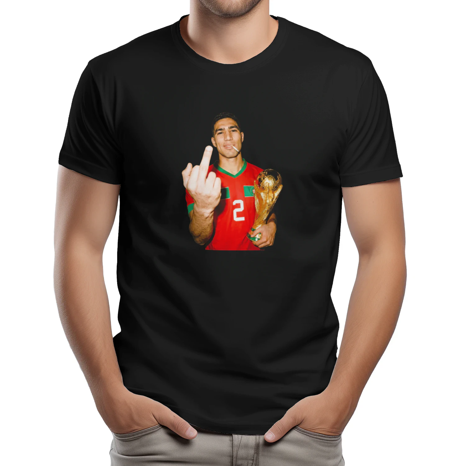 Achraf Hakimi Morocco World Cup middle finger and trophy shirt