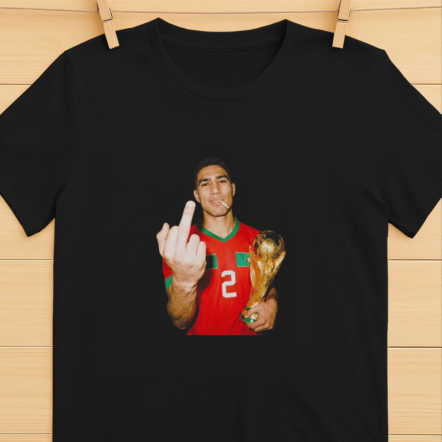 Achraf Hakimi Morocco World Cup middle finger and trophy shirt