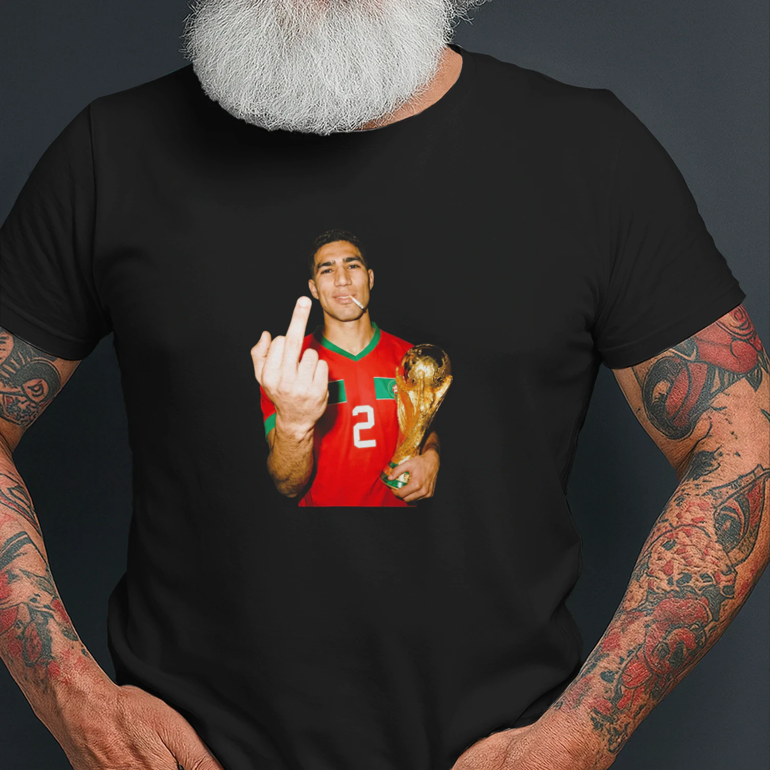 Achraf Hakimi Morocco World Cup middle finger and trophy shirt