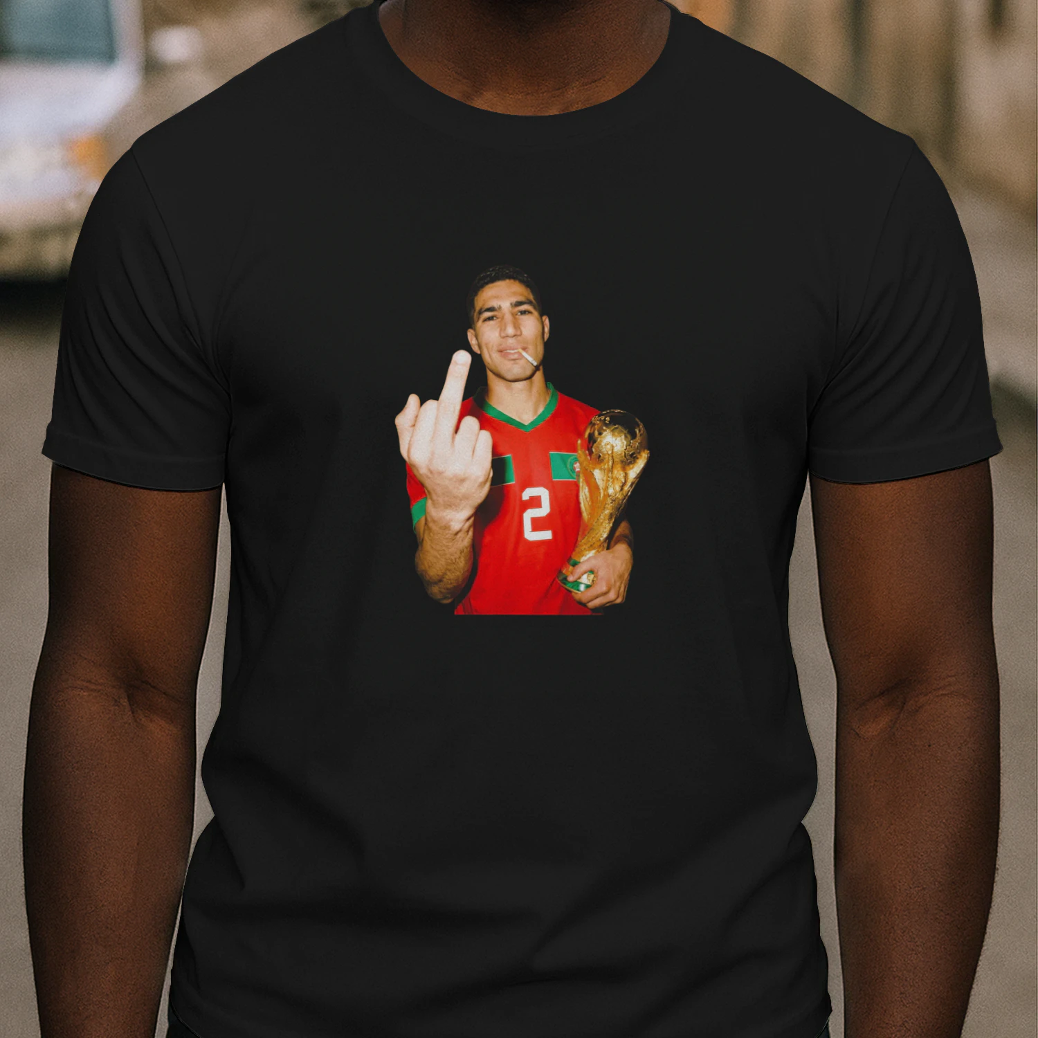 Achraf Hakimi Morocco World Cup middle finger and trophy shirt