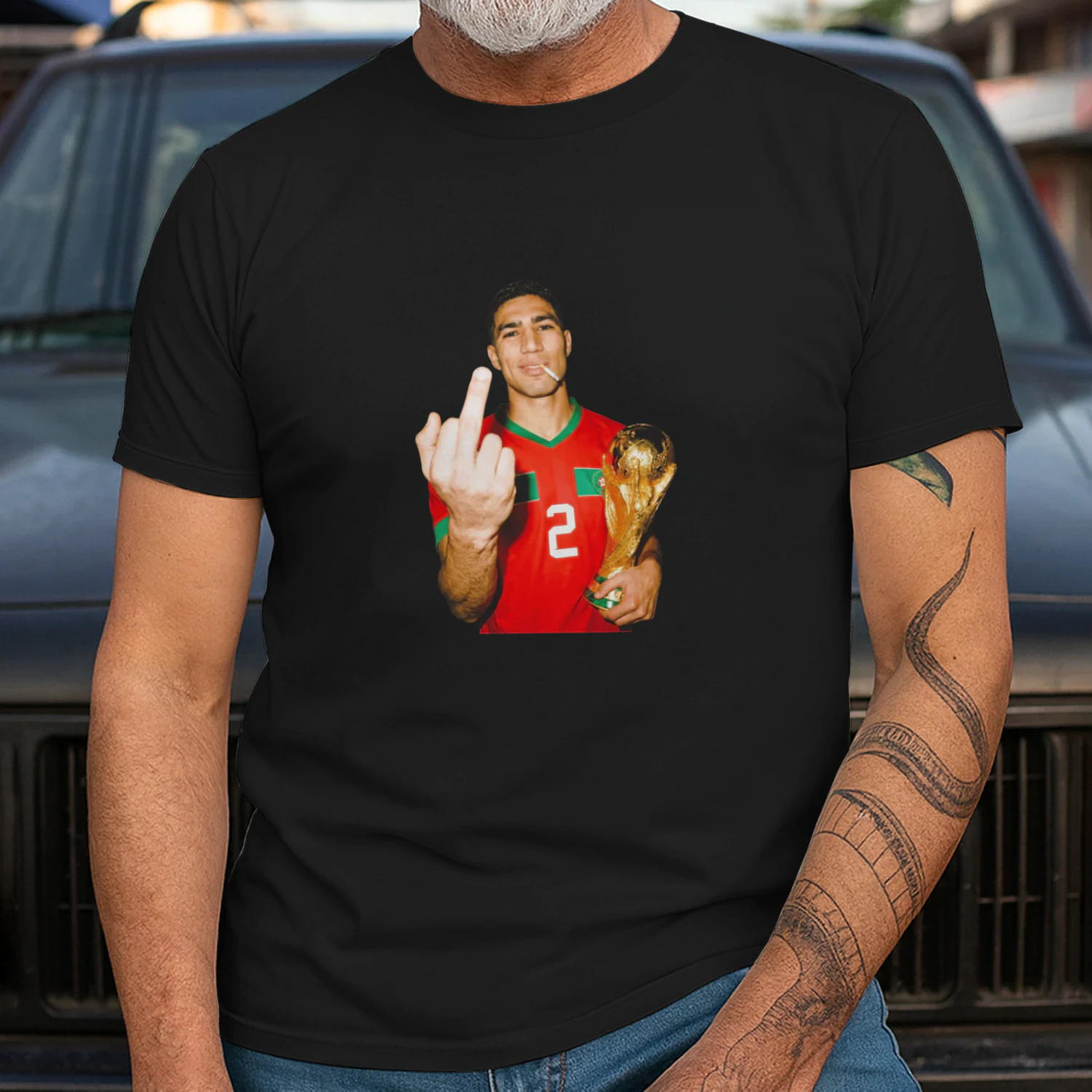 Achraf Hakimi Morocco World Cup middle finger and trophy shirt