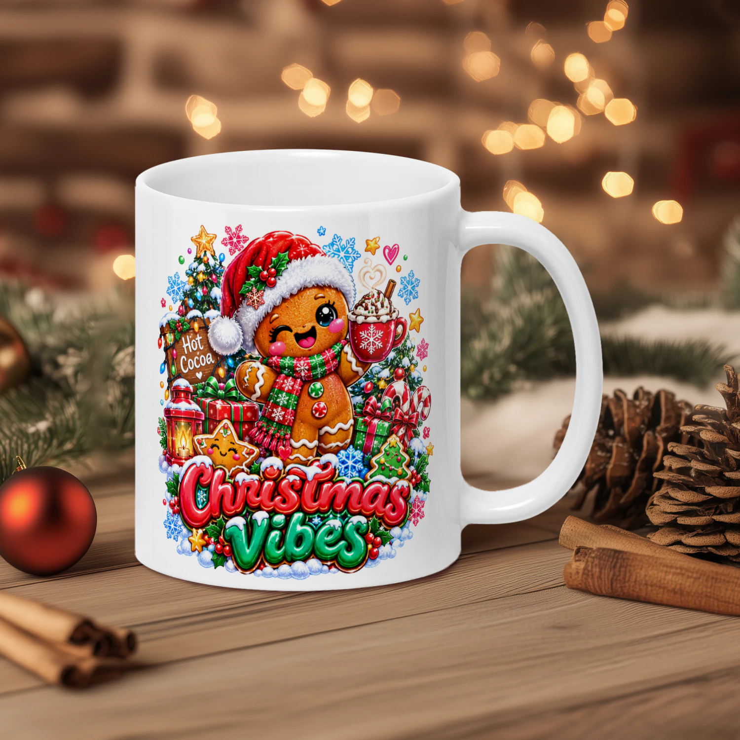 Cute Gingerbread Man Christmas Vibes Mug, Hot Cocoa Holiday Festive Coffee Cup, Sweet Xmas Gift