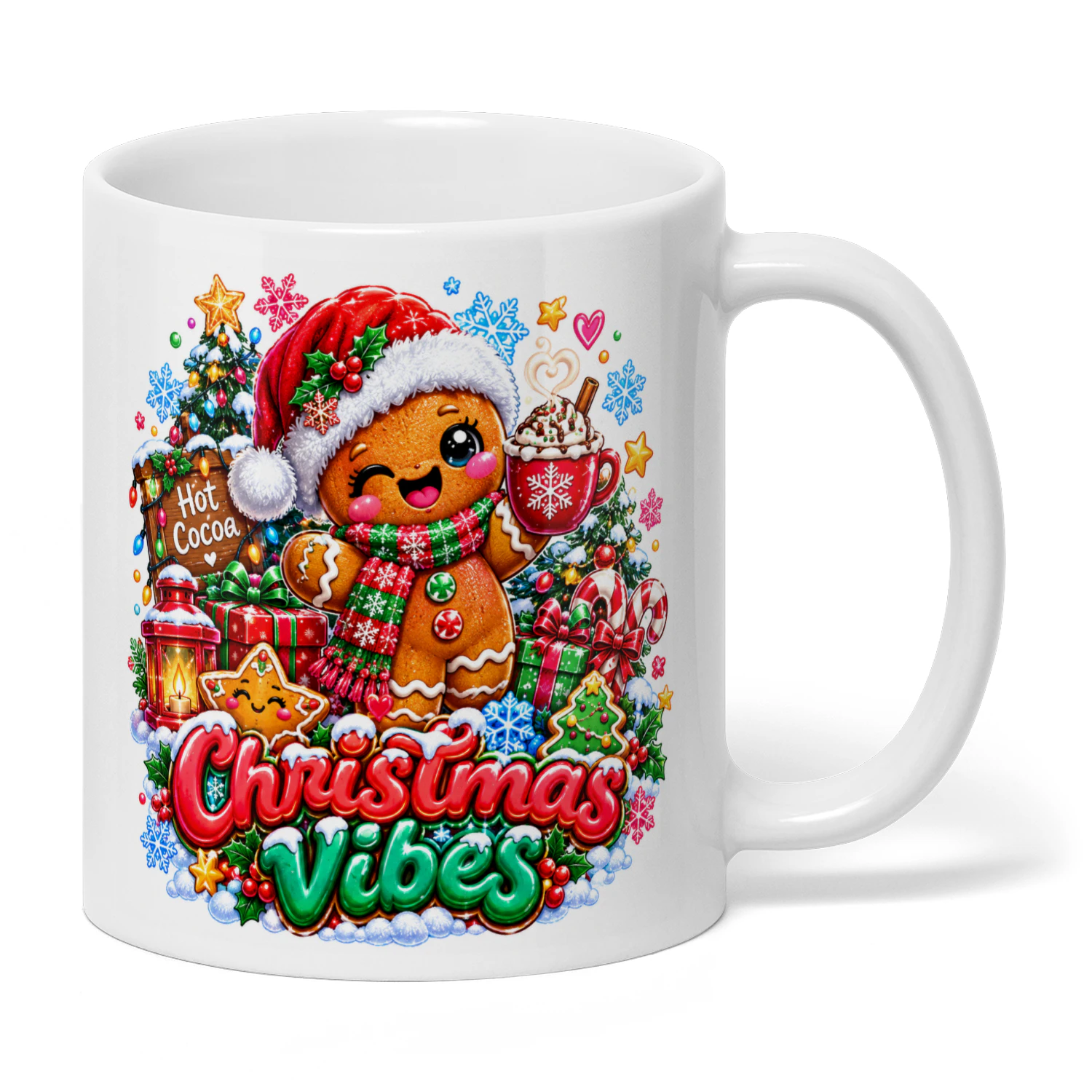 Cute Gingerbread Man Christmas Vibes Mug, Hot Cocoa Holiday Festive Coffee Cup, Sweet Xmas Gift