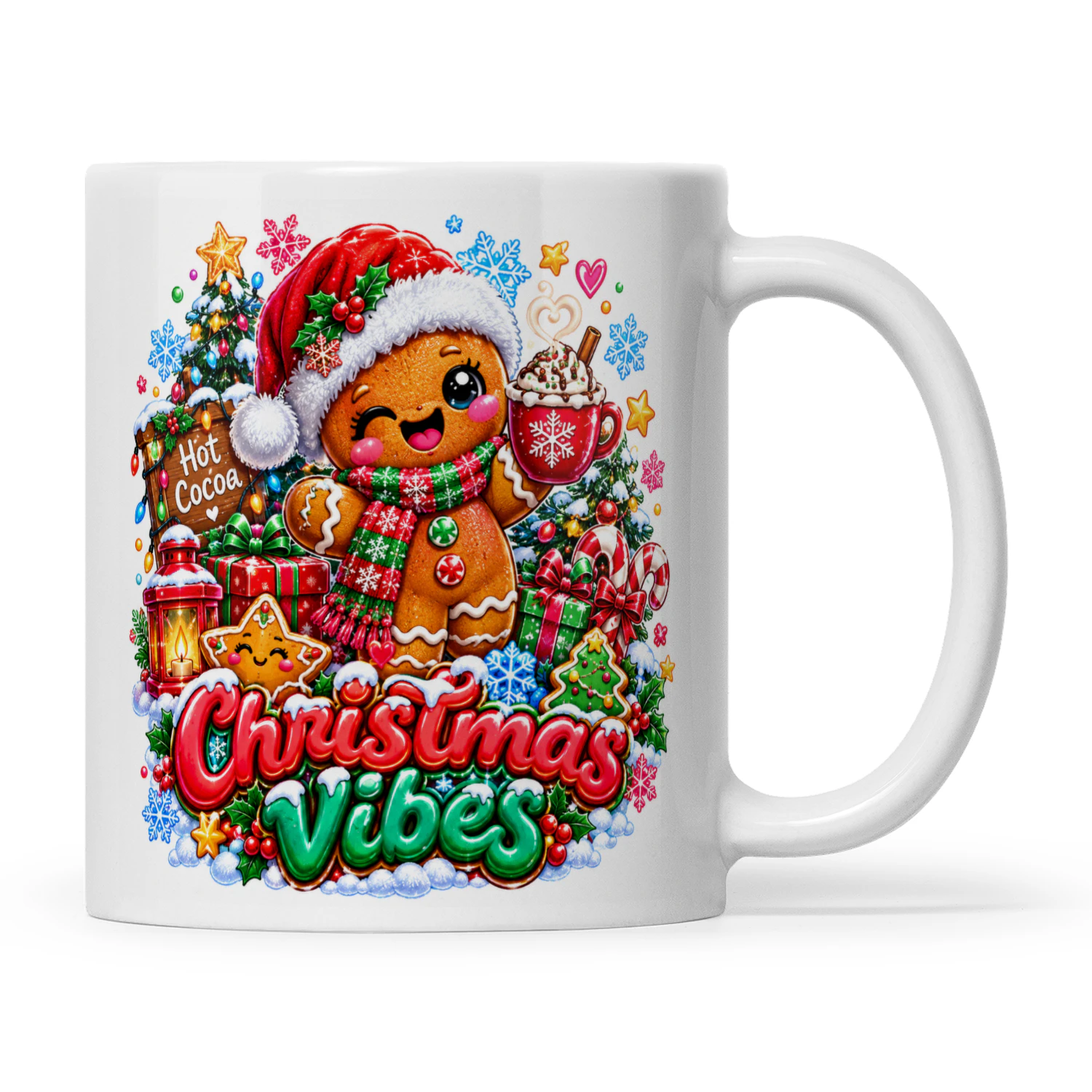 Cute Gingerbread Man Christmas Vibes Mug, Hot Cocoa Holiday Festive Coffee Cup, Sweet Xmas Gift