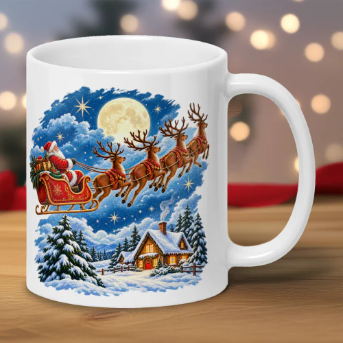 Vintage Flying Santa Sleigh Christmas Mug, Magical Winter Wonderland Reindeer Coffee Cup, Holiday Xmas Gift1