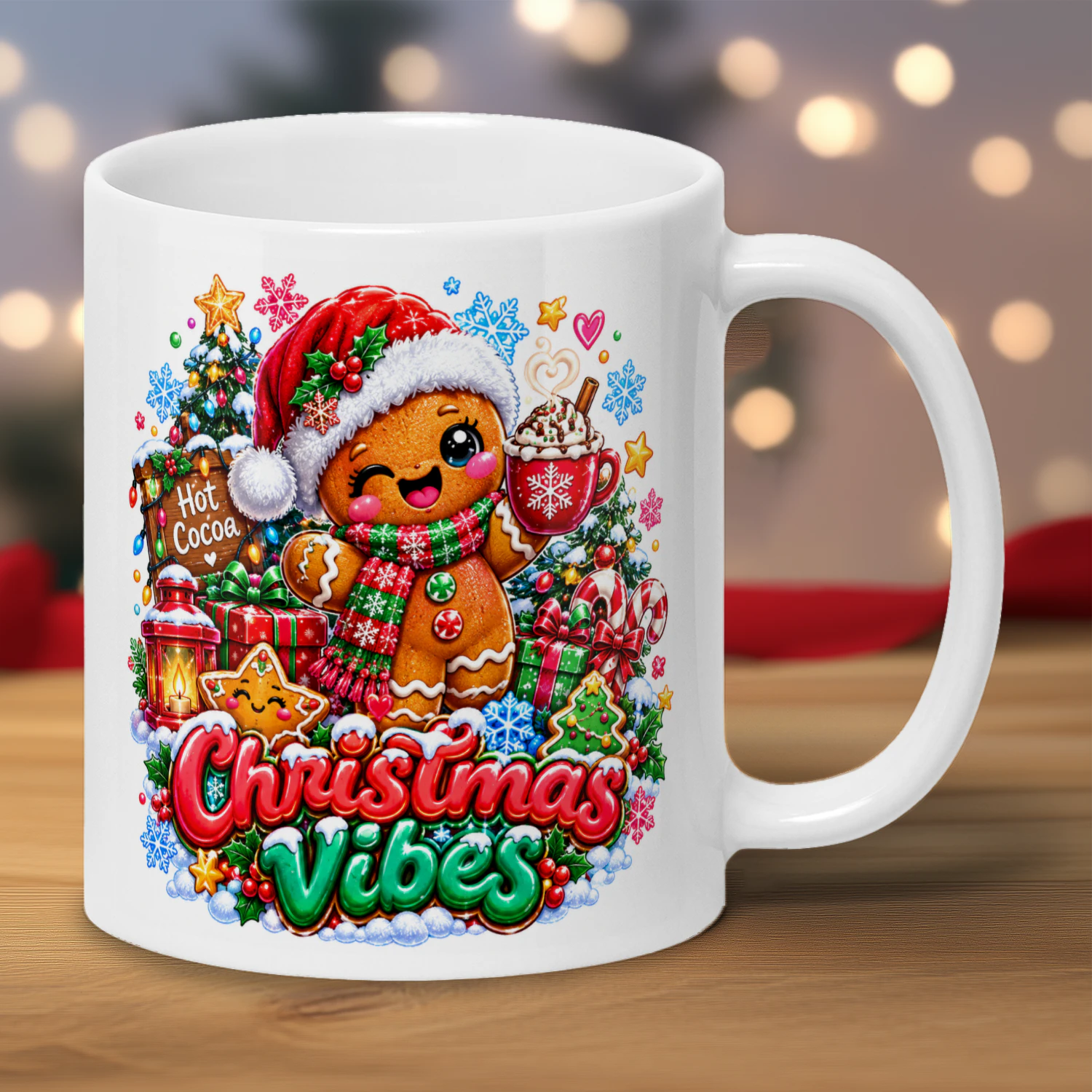 Cute Gingerbread Man Christmas Vibes Mug, Hot Cocoa Holiday Festive Coffee Cup, Sweet Xmas Gift