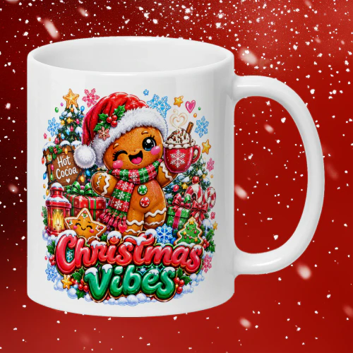 Cute Gingerbread Man Christmas Vibes Mug, Hot Cocoa Holiday Festive Coffee Cup, Sweet Xmas Gift