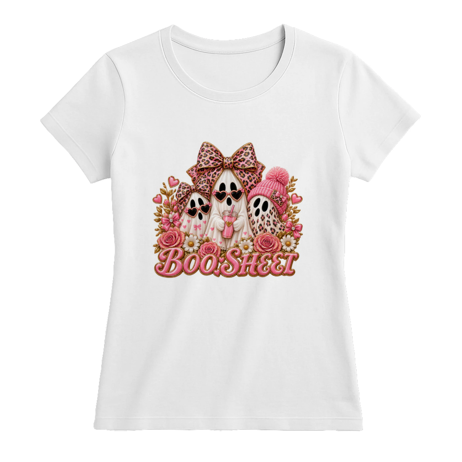 Cute Pink Ghost Boo Sheet T-Shirt, Leopard Print Halloween Fashion Hoodie & Mug