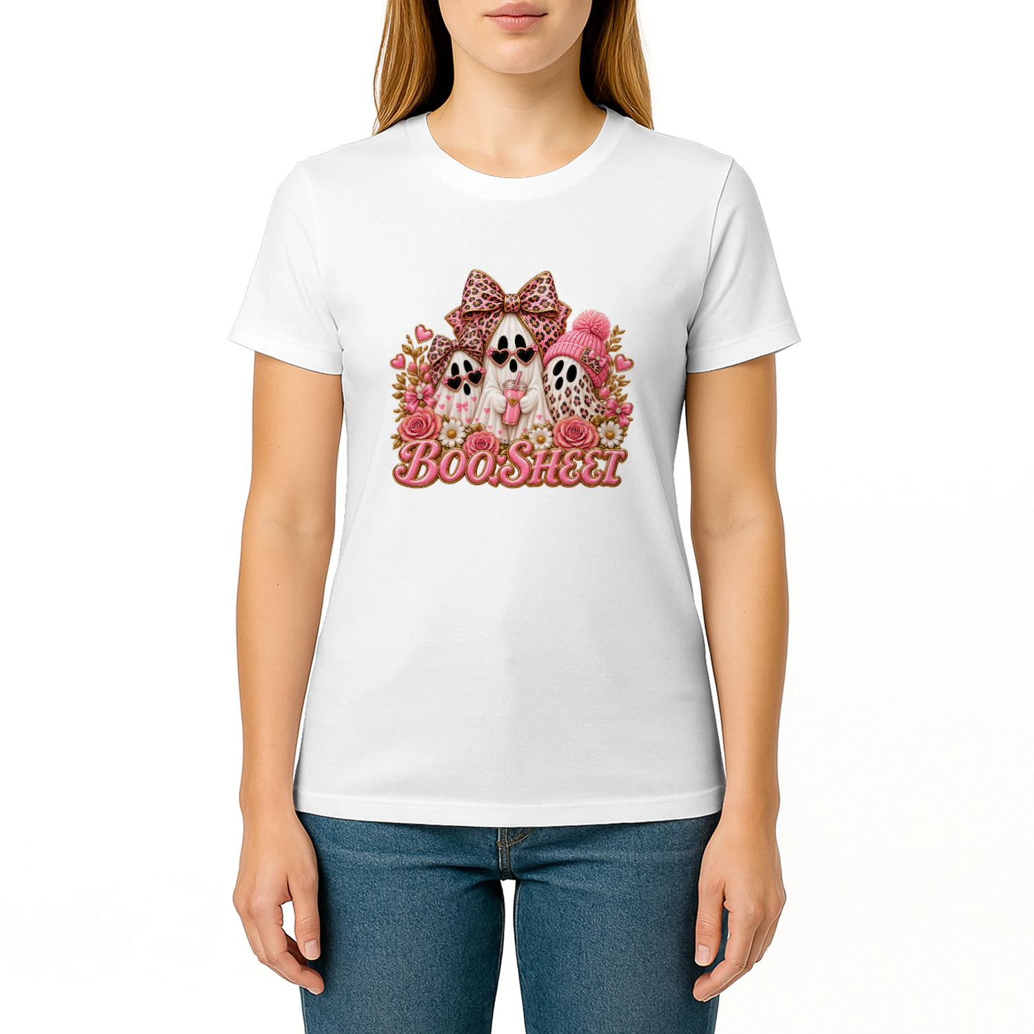 Cute Pink Ghost Boo Sheet T-Shirt, Leopard Print Halloween Fashion Hoodie & Mug