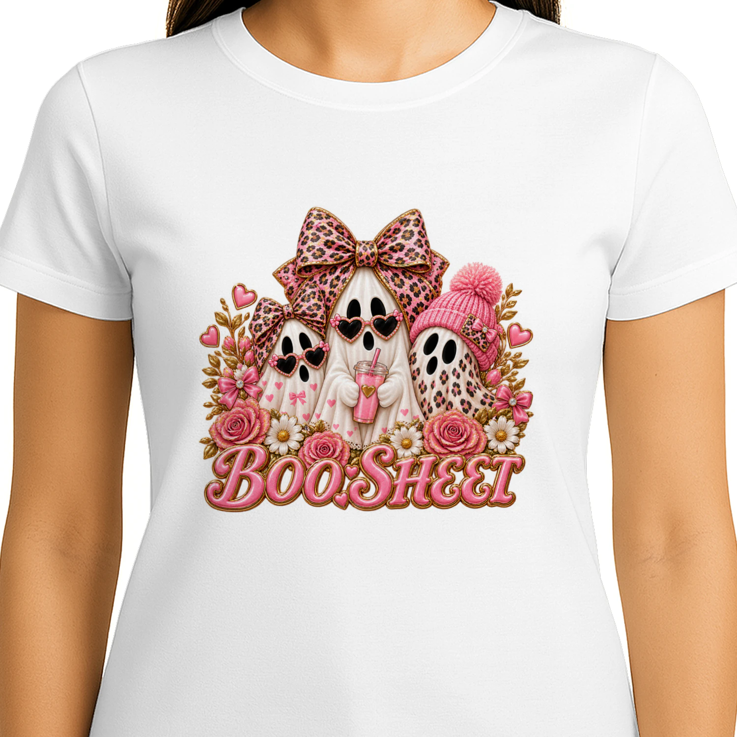 Cute Pink Ghost Boo Sheet T-Shirt, Leopard Print Halloween Fashion Hoodie & Mug