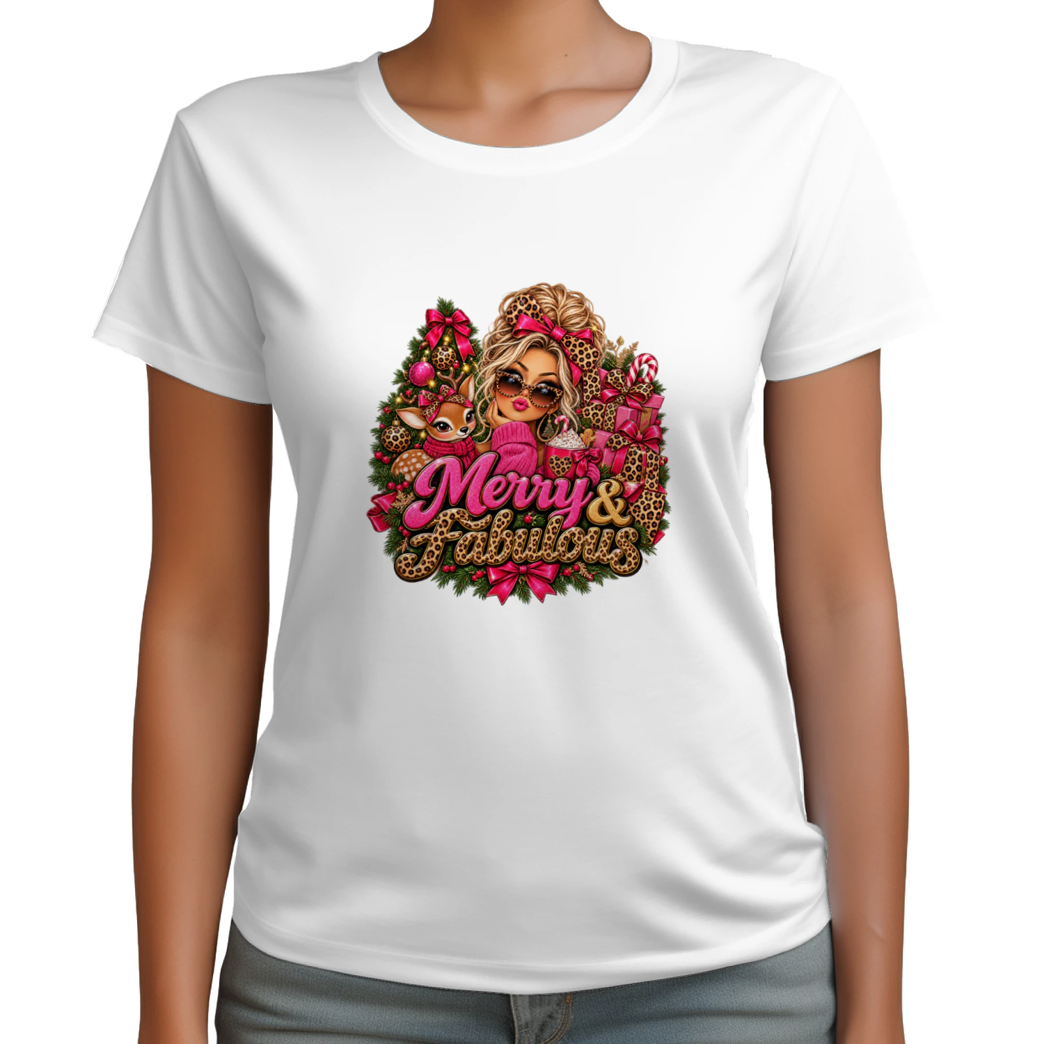 Merry And Fabulous Christmas T-Shirt, Glam Leopard Print Holiday Fashion Girl Hoodie