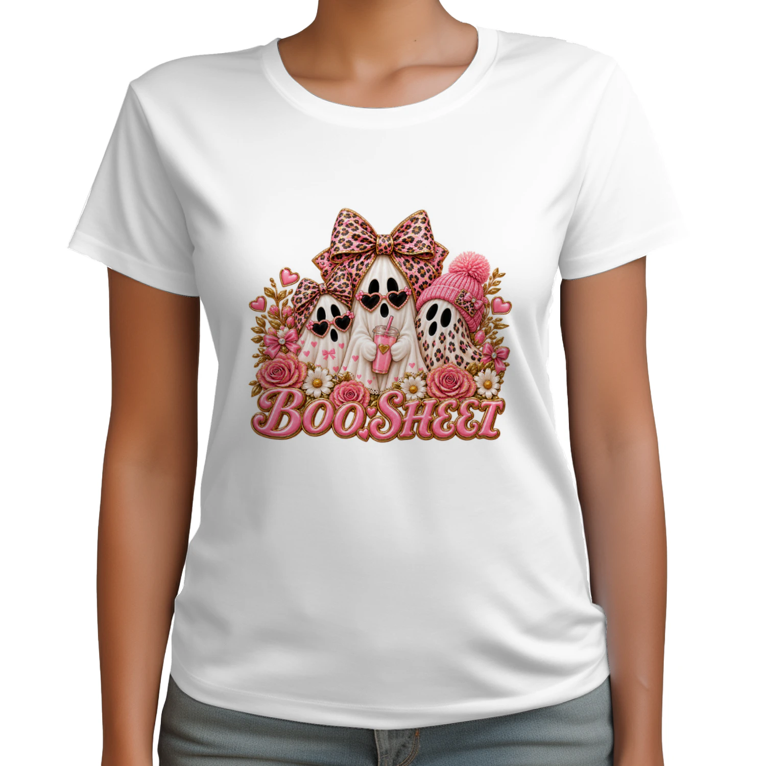 Cute Pink Ghost Boo Sheet T-Shirt, Leopard Print Halloween Fashion Hoodie & Mug