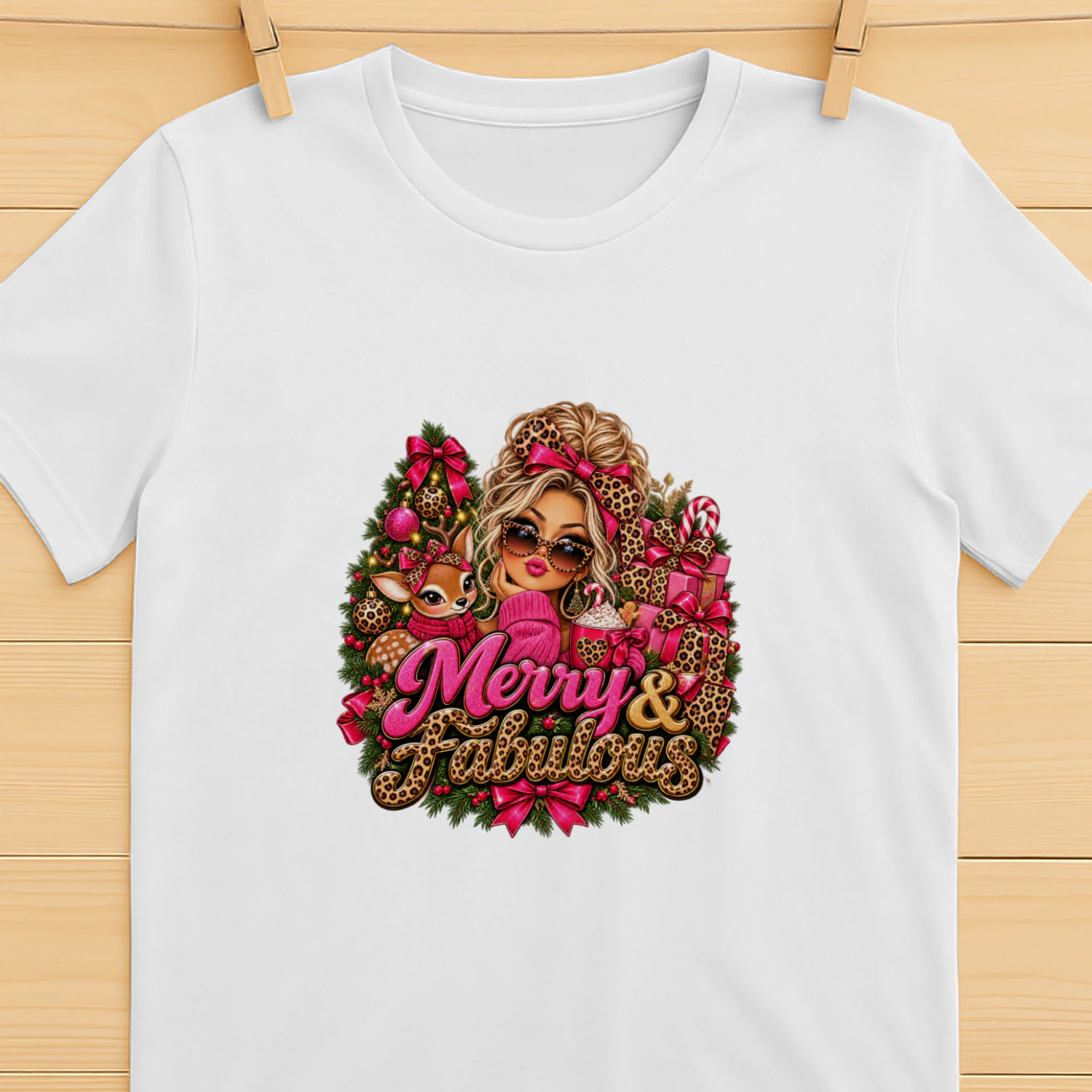 Merry And Fabulous Christmas T-Shirt, Glam Leopard Print Holiday Fashion Girl Hoodie