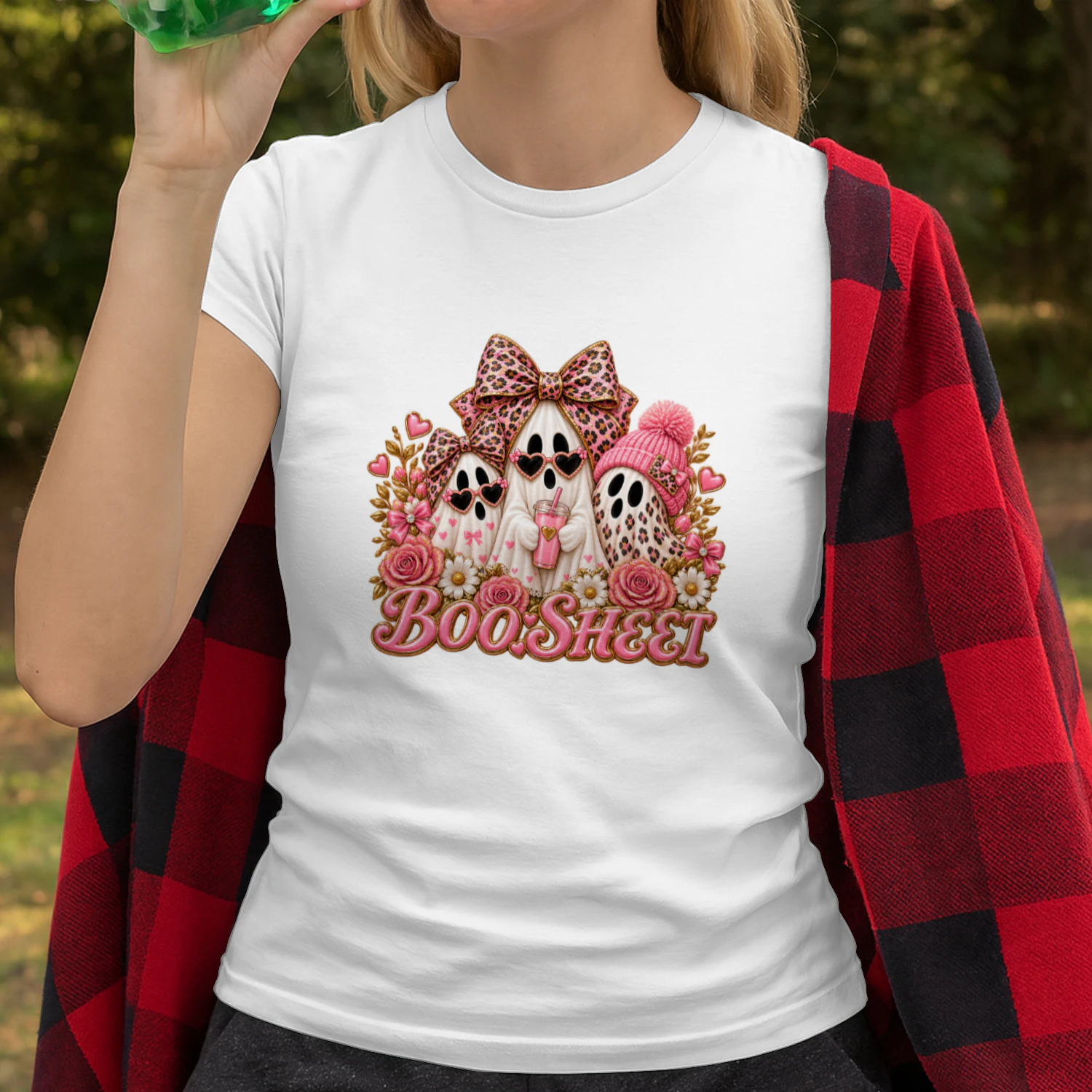 Cute Pink Ghost Boo Sheet T-Shirt, Leopard Print Halloween Fashion Hoodie & Mug
