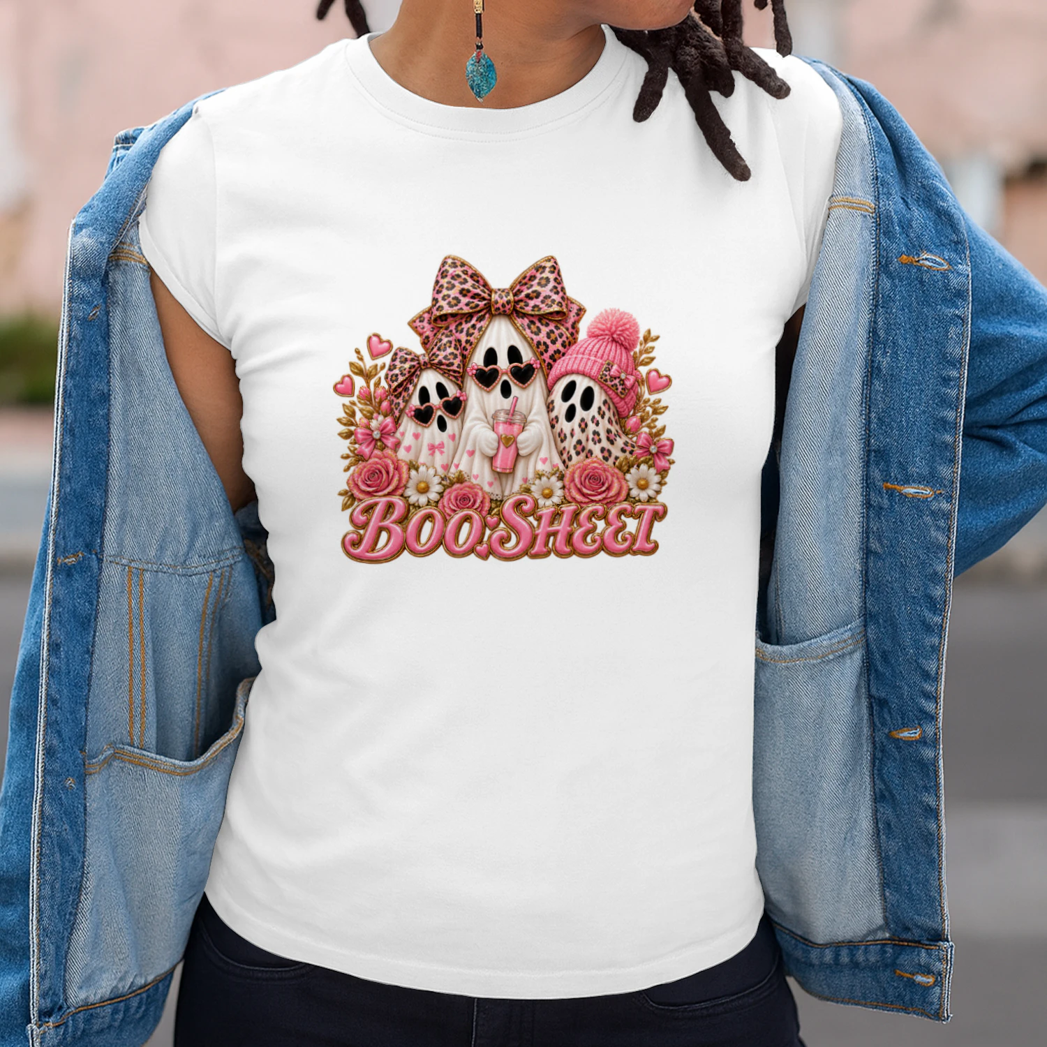 Cute Pink Ghost Boo Sheet T-Shirt, Leopard Print Halloween Fashion Hoodie & Mug