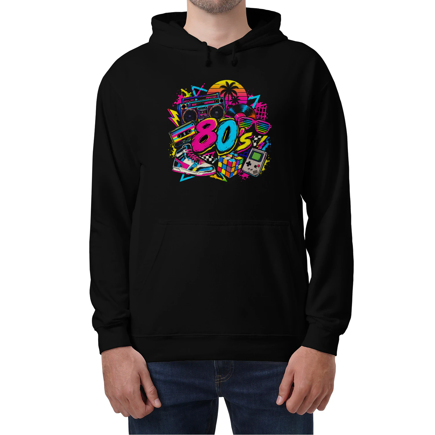 Vibrant 80s retro style graphic design featuring classic