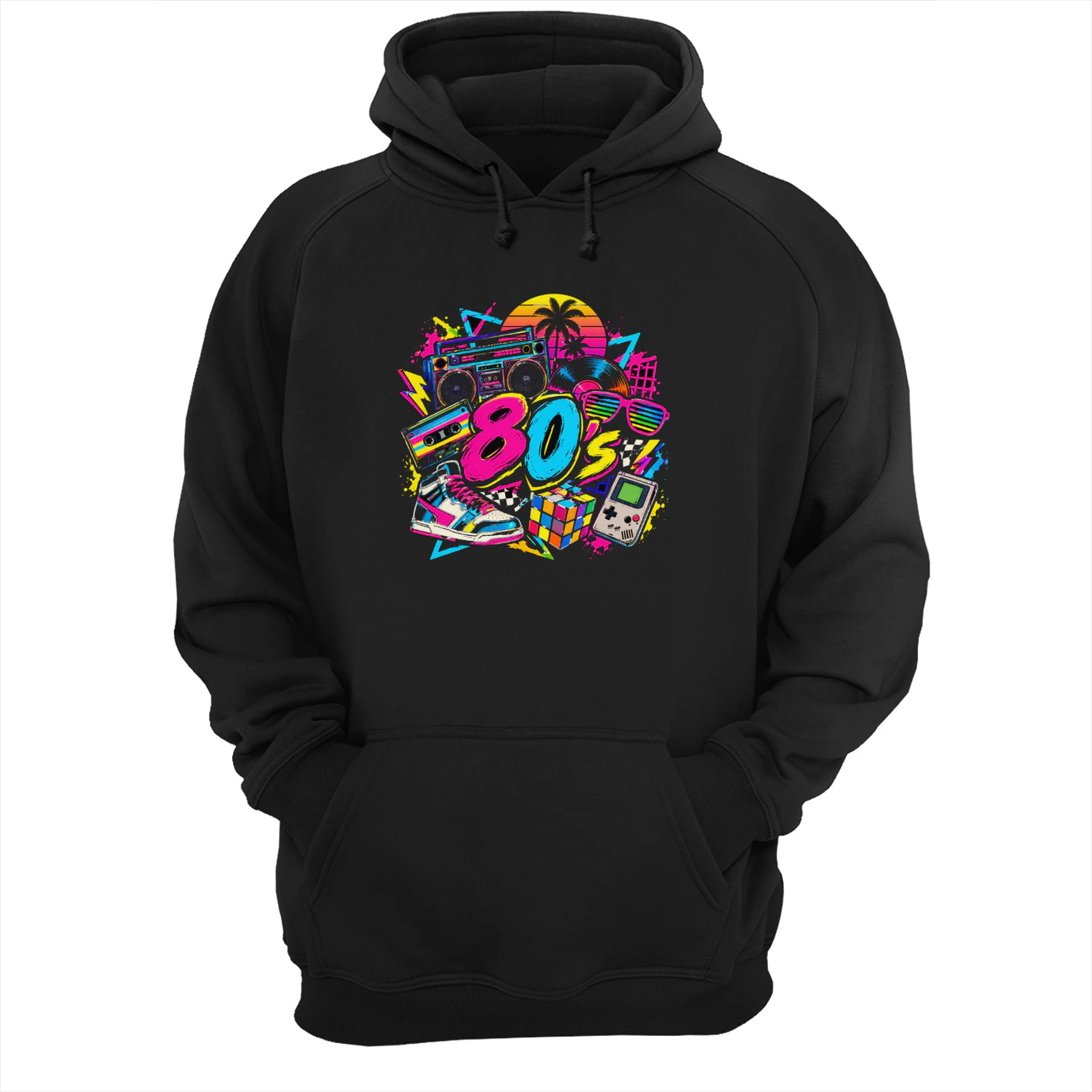 Vibrant 80s retro style graphic design featuring classic
