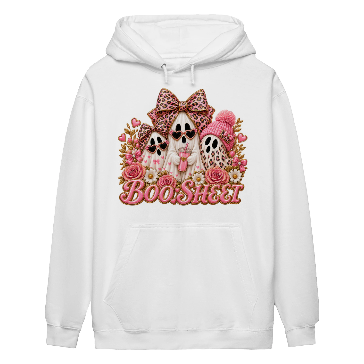 Cute Pink Ghost Boo Sheet T-Shirt, Leopard Print Halloween Fashion Hoodie & Mug