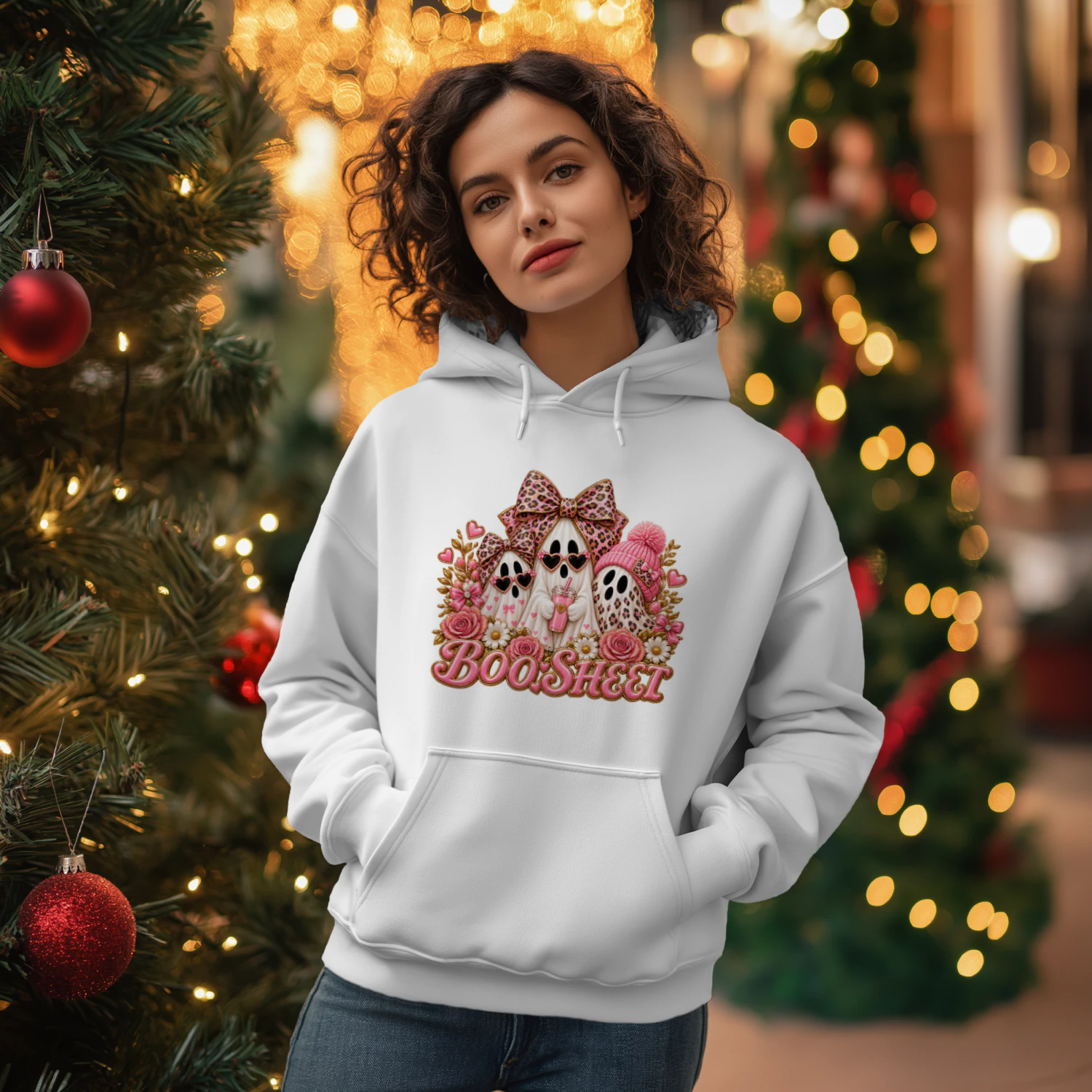 Cute Pink Ghost Boo Sheet T-Shirt, Leopard Print Halloween Fashion Hoodie & Mug