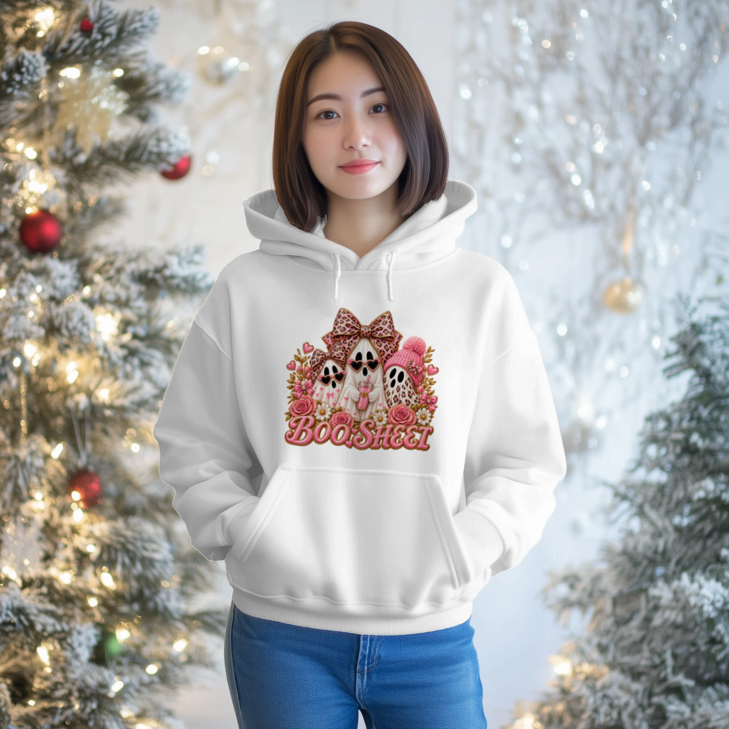 Cute Pink Ghost Boo Sheet T-Shirt, Leopard Print Halloween Fashion Hoodie & Mug