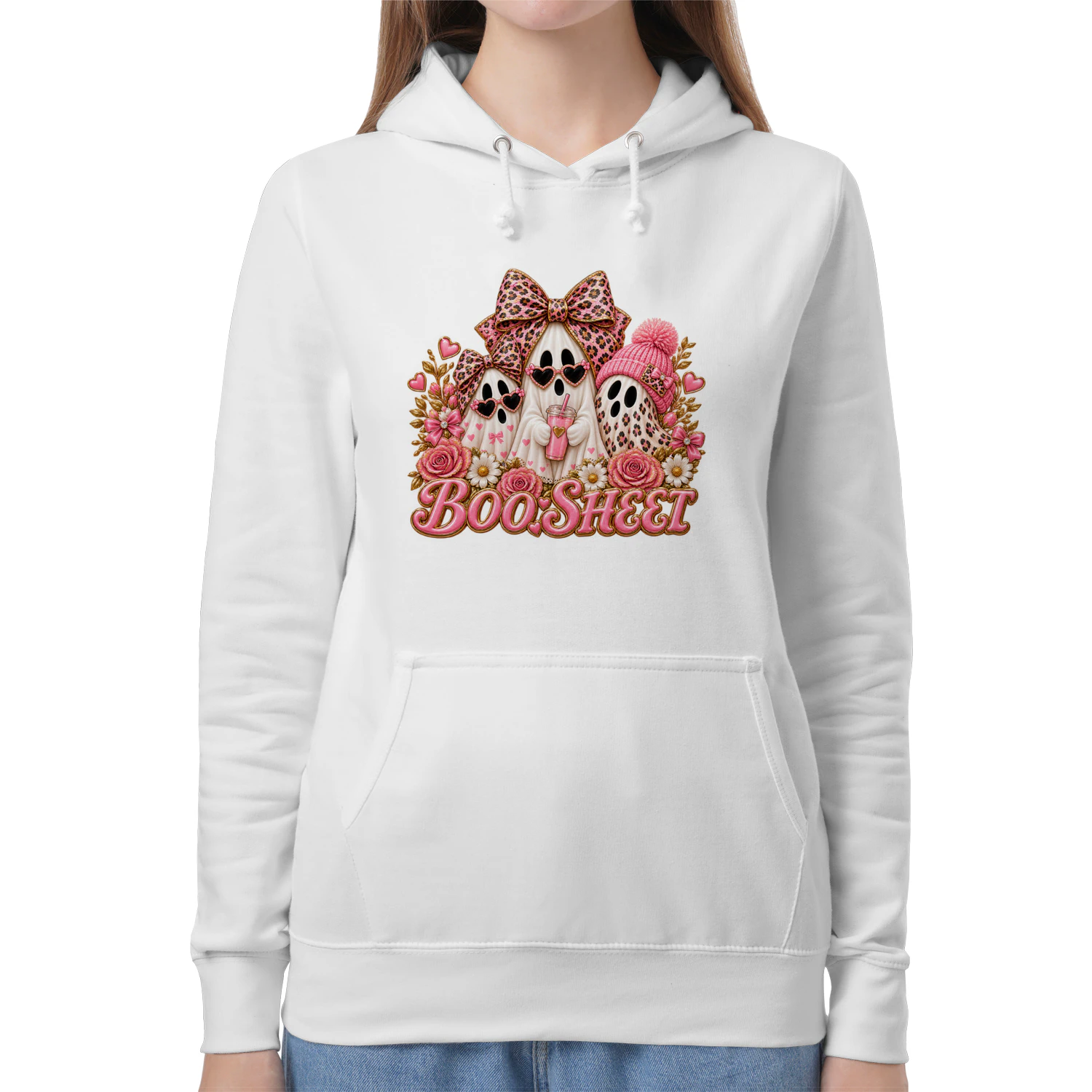 Cute Pink Ghost Boo Sheet T-Shirt, Leopard Print Halloween Fashion Hoodie & Mug