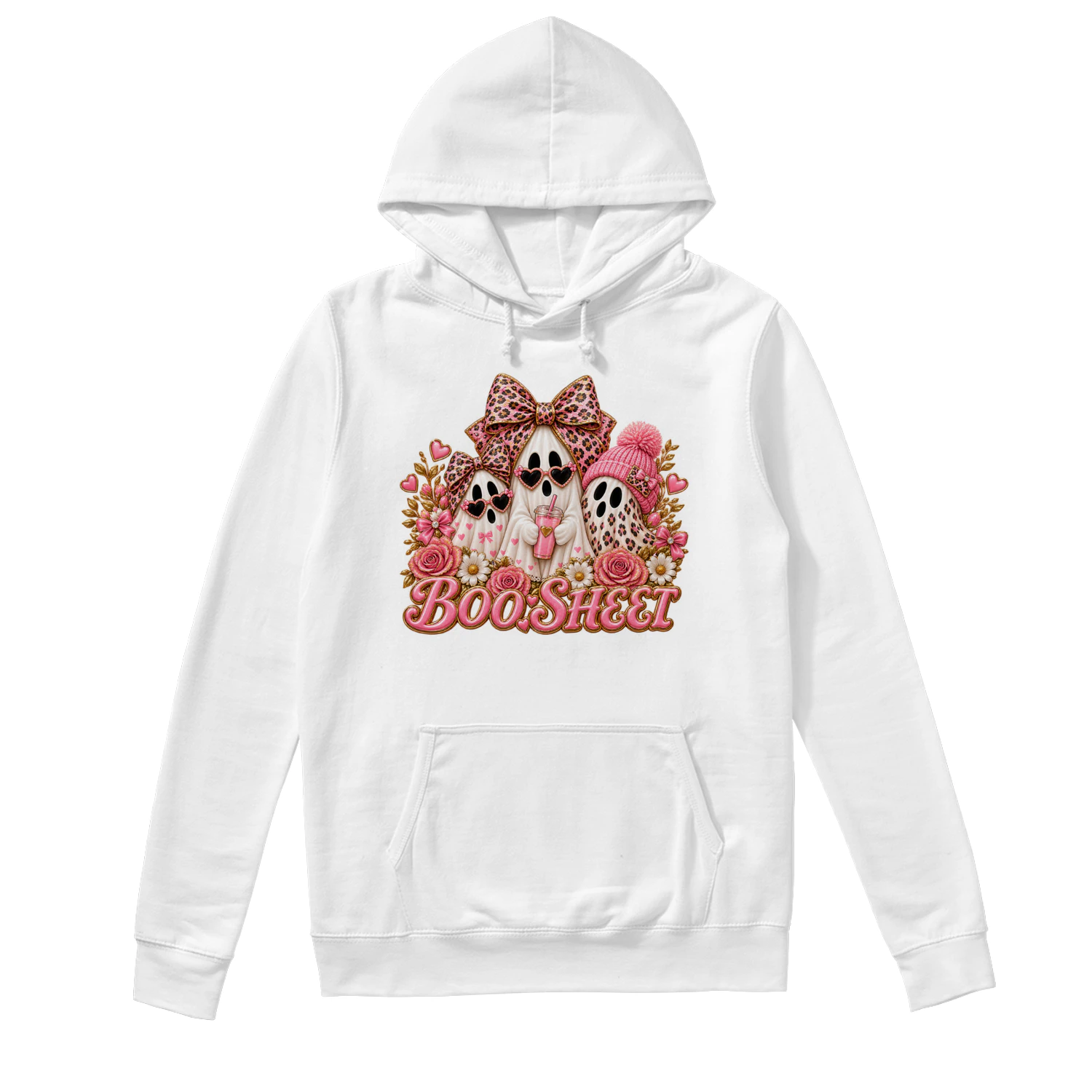 Cute Pink Ghost Boo Sheet T-Shirt, Leopard Print Halloween Fashion Hoodie & Mug