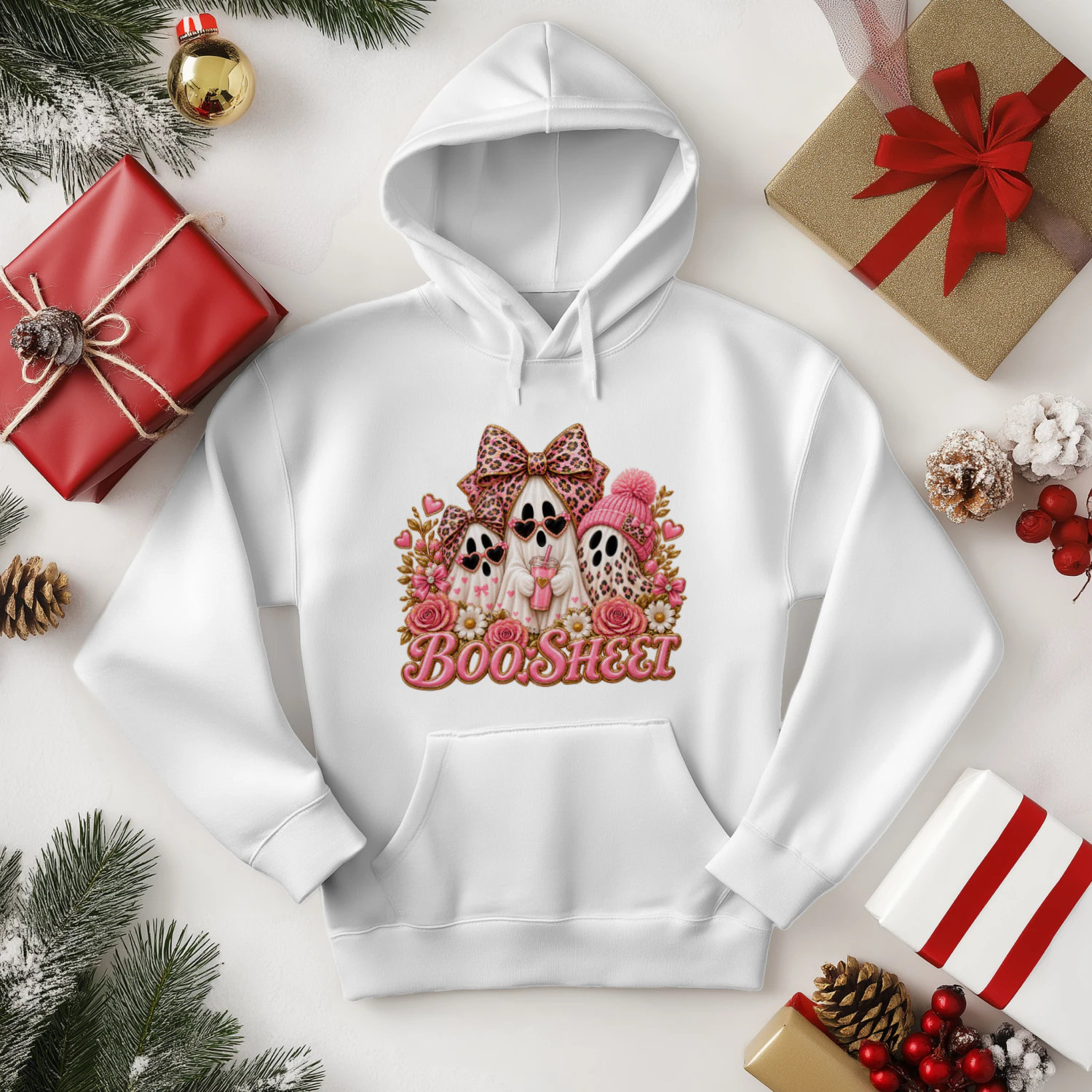 Cute Pink Ghost Boo Sheet T-Shirt, Leopard Print Halloween Fashion Hoodie & Mug