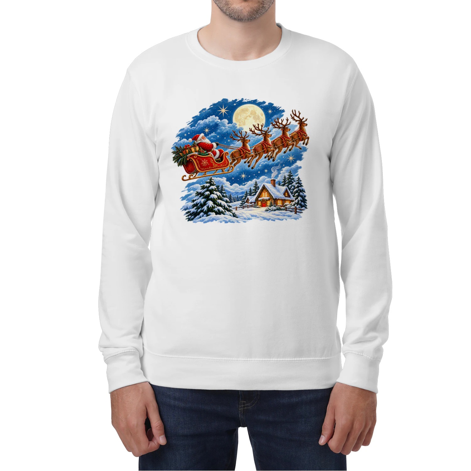 Vintage Santa Claus Flying Sleigh Christmas T-Shirt, Magical Winter Wonderland Flying Reindeer Hoodie